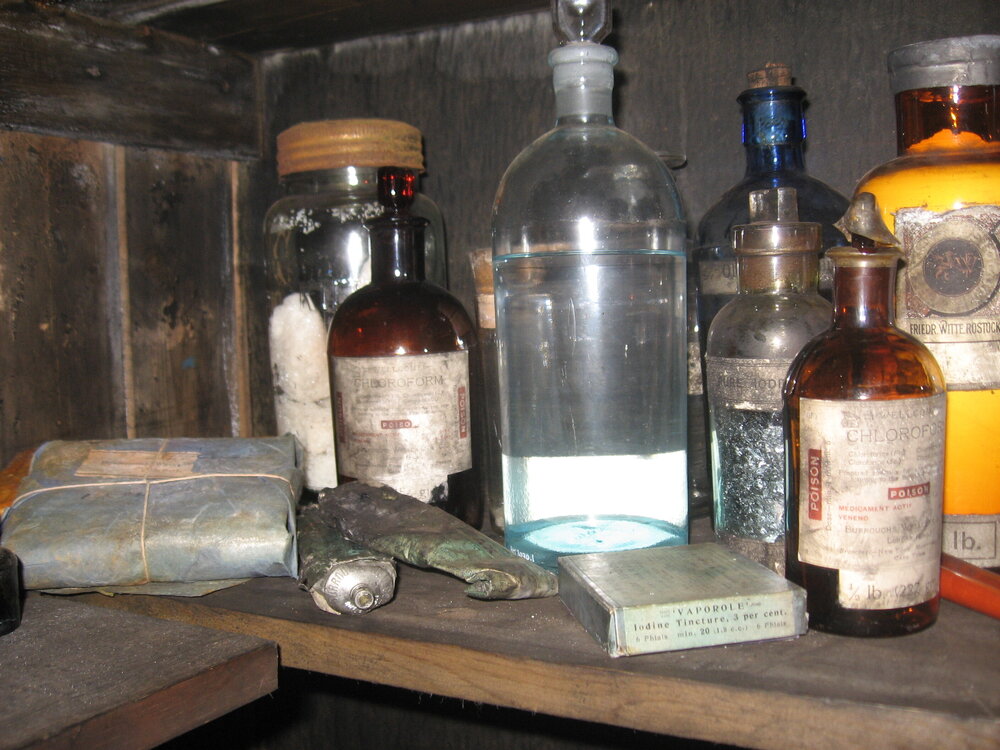 2010-11 Bottles of medical supplies inside Scott's 'Terra Nova' hut