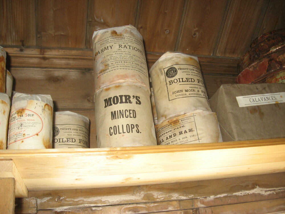 2010-11 Tinned provisions on a shelf inside Shackleton's 'Nimrod' hut, Cape Royds (008)