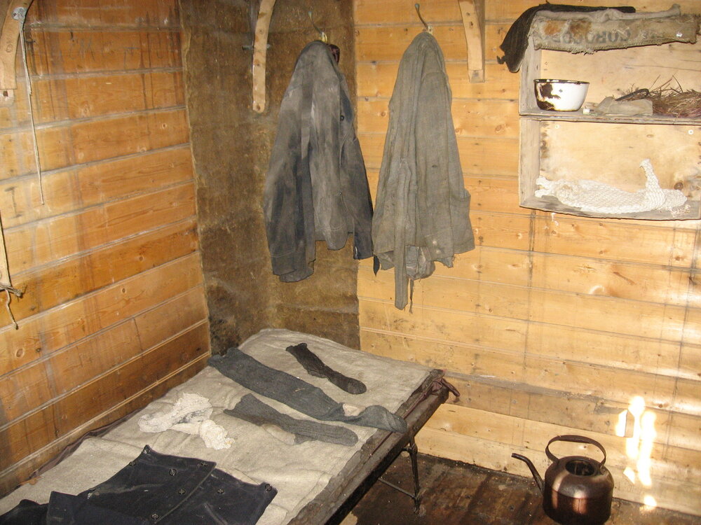 2010-11 Clothing hanging inside Shackleton's 'Nimrod' hut, Cape Royds