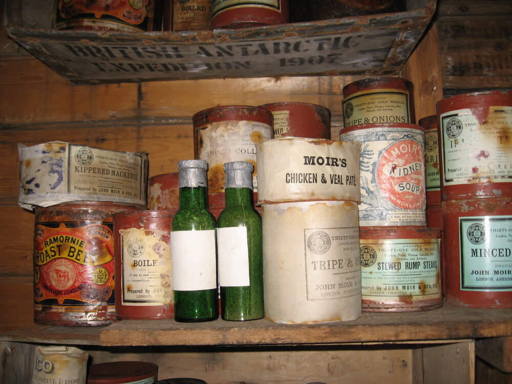 2010-11 Tinned provisions on a shelf inside Shackleton's 'Nimrod' hut, Cape Royds (001)