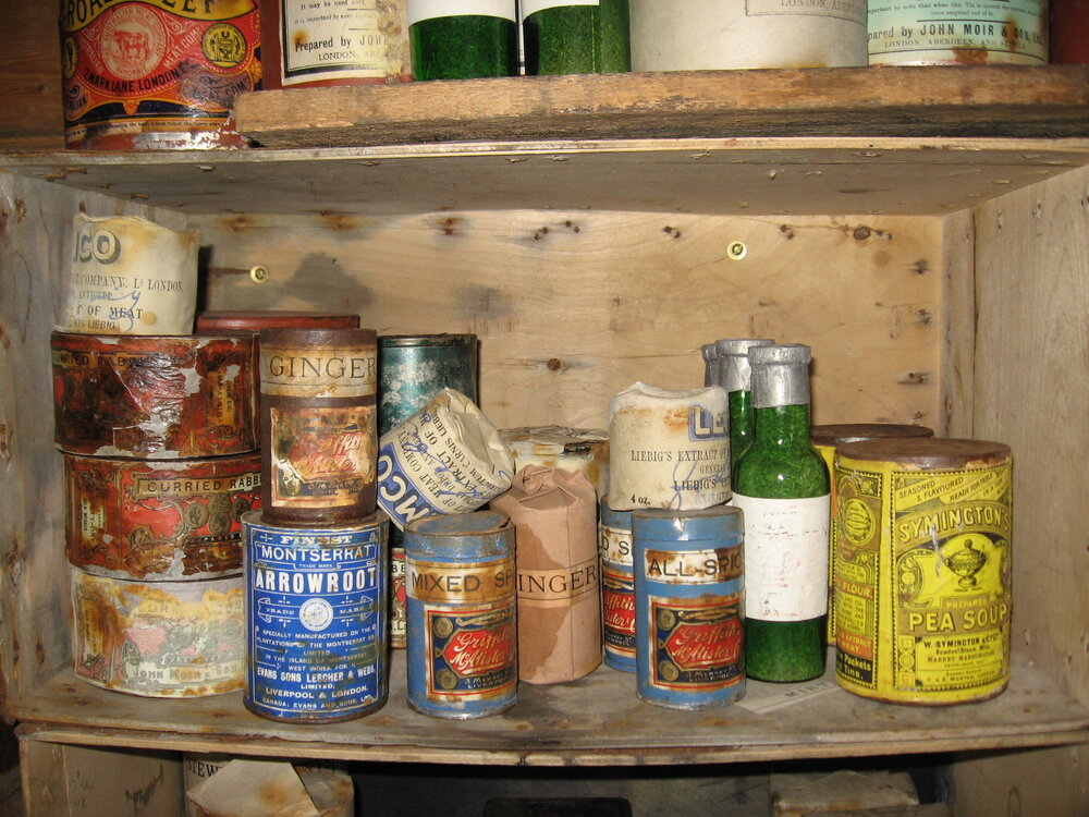2010-11 Tinned provisions on a shelf inside Shackleton's 'Nimrod' hut, Cape Royds (002)
