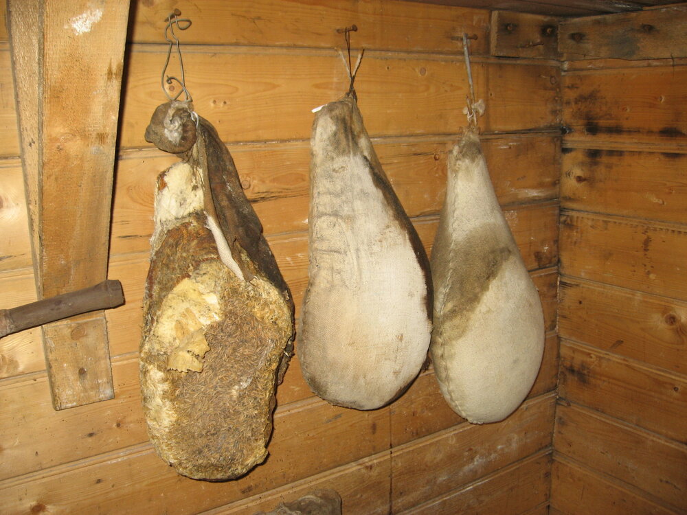 2010-11 Preserved hams hanging inside Shackleton's 'Nimrod' hut, Cape Royds (002)