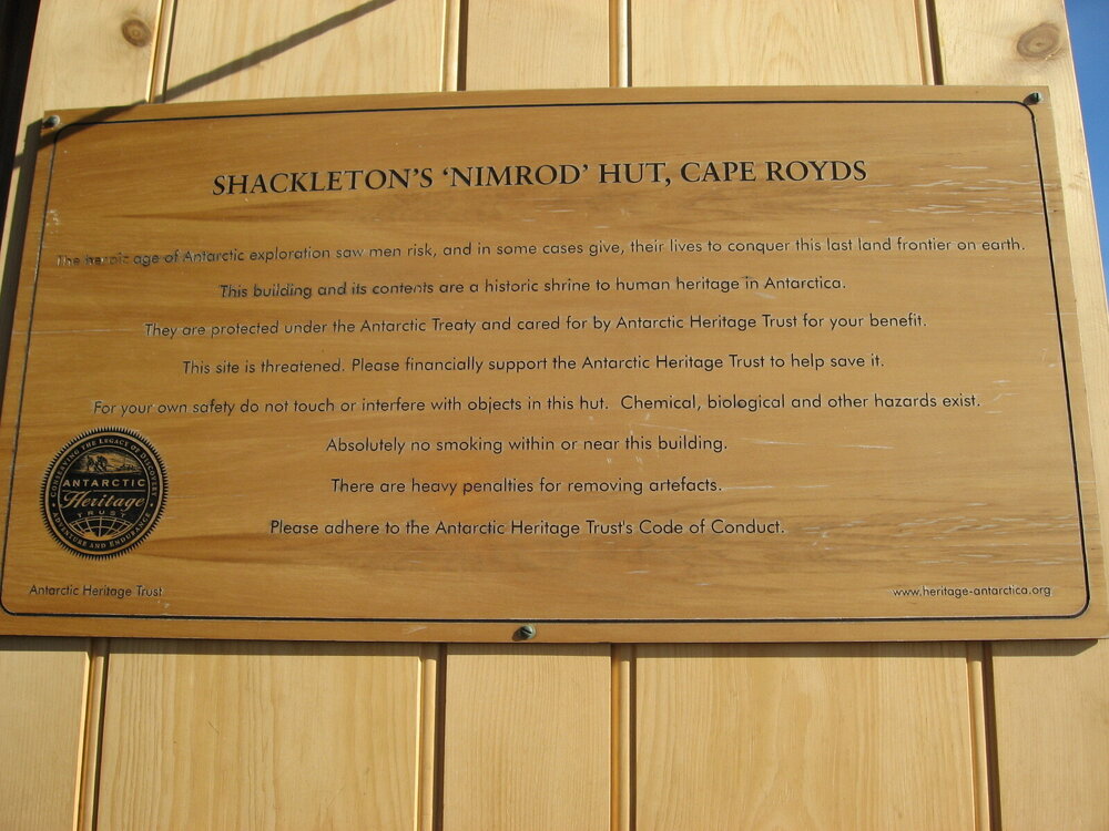 2010-11 AHT sign on the main door of Shackleton's 'Nimrod' hut, Cape Royds