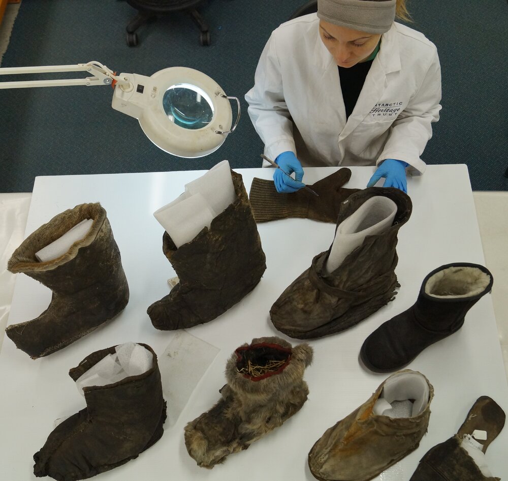 2014 AHT's Stefanie White with clothing artefacts in winter conservation lab, Scott Base (002)