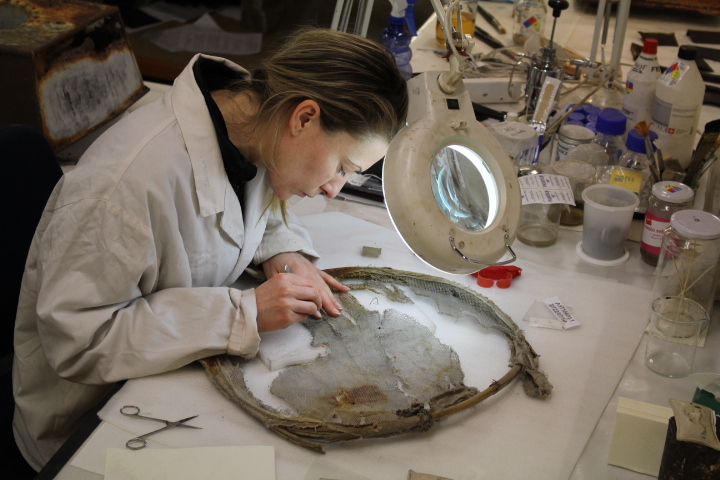 2014 AHT winter conservators at work - Stefanie White treating bamboo-framed net (002)