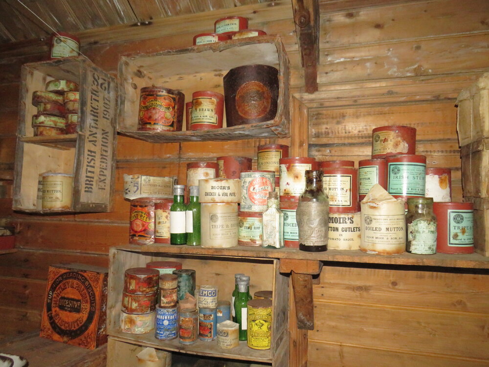 2021 Shackleton's 'Nimrod' hut interior, Main Room, Roberts' pantry food items (002)