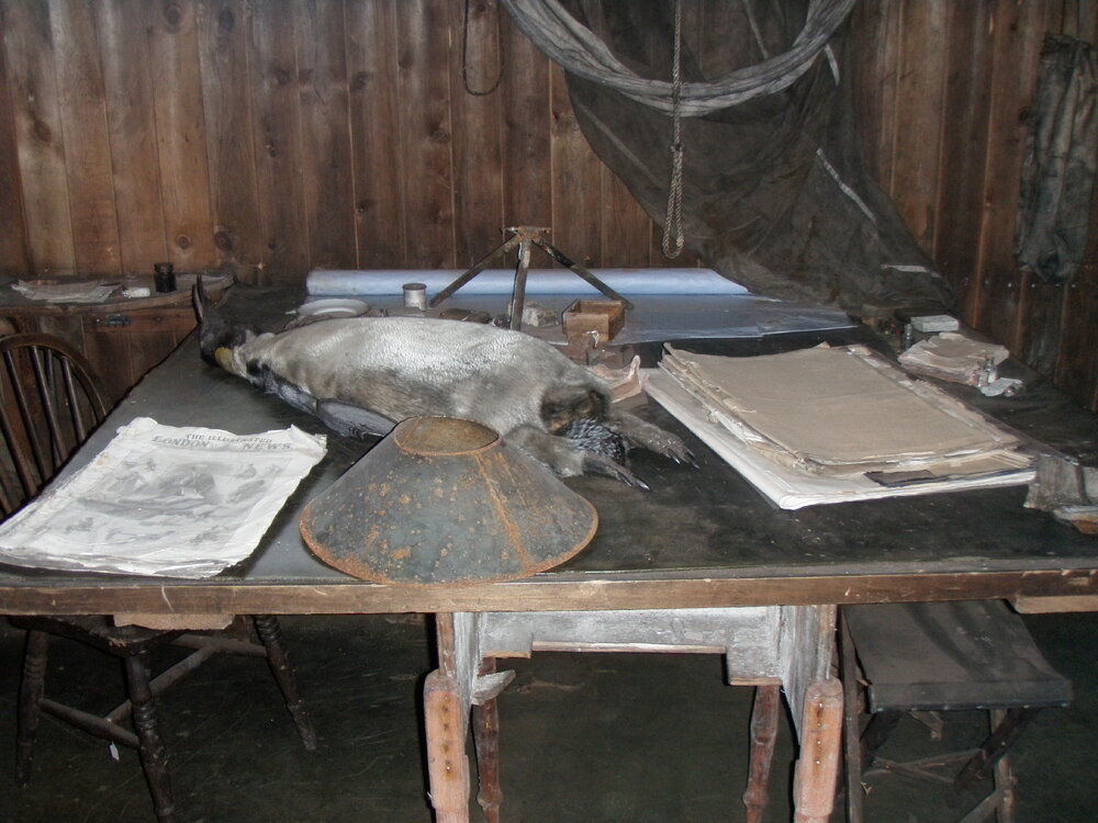 Table of artefacts by Scott's cubicle, Cape Evans
