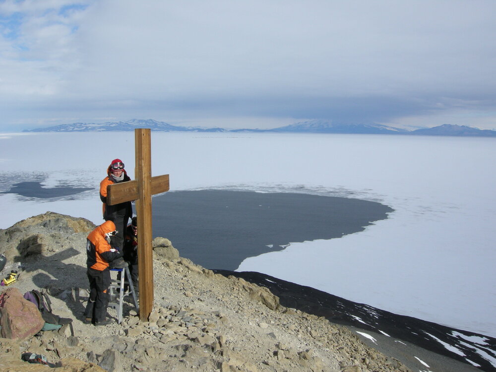 Taking paint samples from Observation Hill Cross