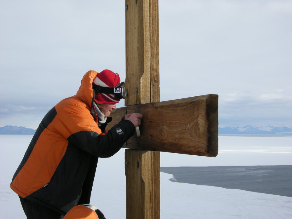 Taking paint samples from Observation Hill Cross (001)