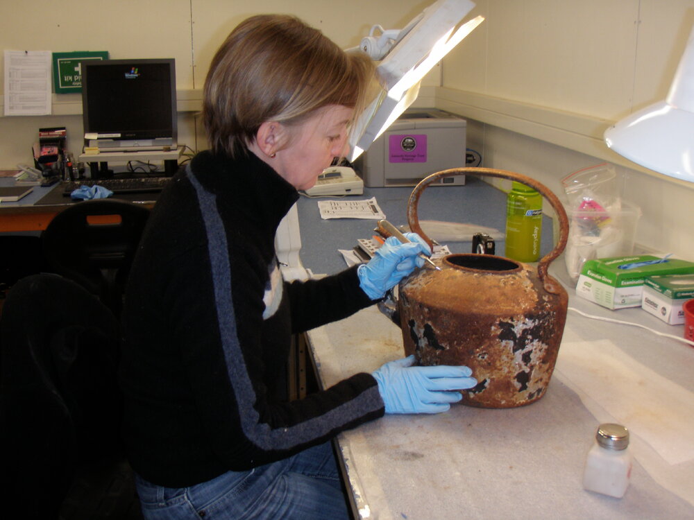 AHT Conservator Nicola Dunn treating kettle