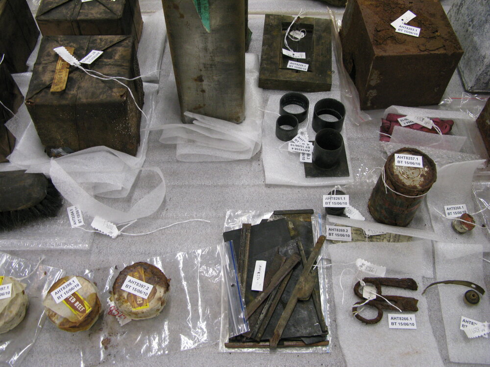 Artefacts on table in Conservation lab (001)