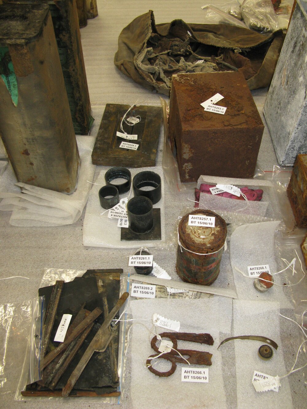 Artefacts on table in Conservation lab (002)