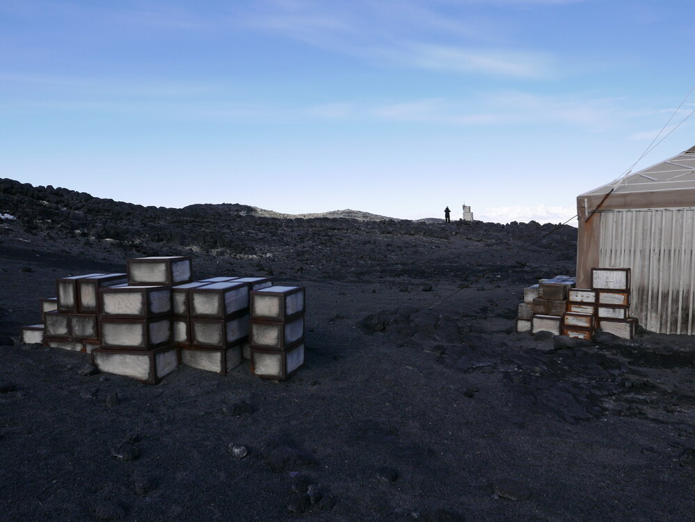 2018-19 Venesta cases stacked outside Shackleton's 'Nimrod' hut, Cape Royds