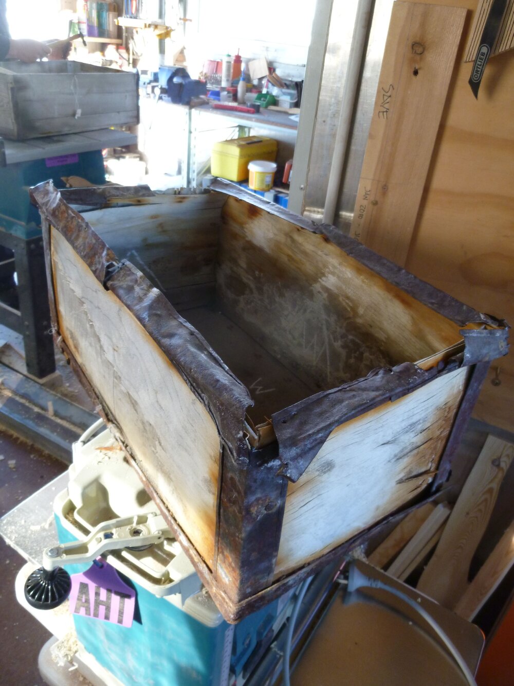 Historic Venesta case in conservation lab