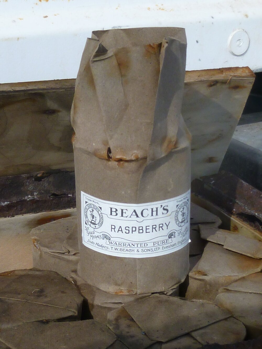 Beach's Raspberry jam tins wrapped in paper
