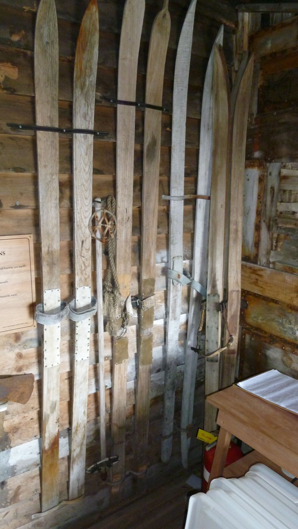 Skis on wall in Western Annexe, Scott's 'Terra Nova' hut