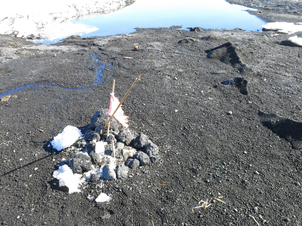 2013-14 Flag noting the position of a dog skeleton, Cape Evans (001)