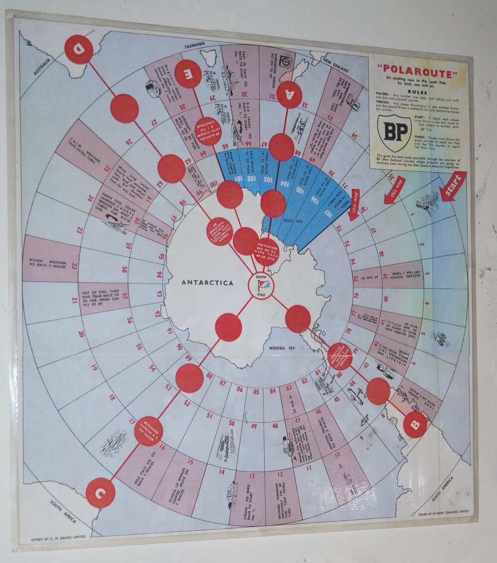 2013-14 BP Polaroute board game inside Hillary's TAE/IGY hut, Pram Point