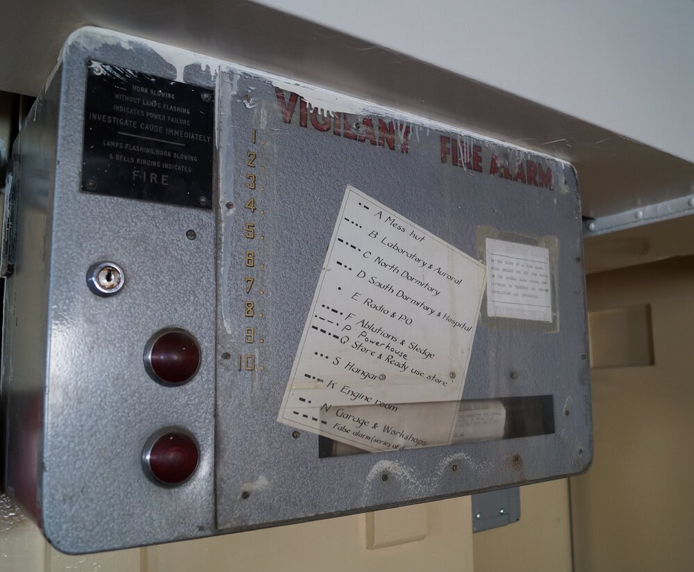 2013-14 Vigilant fire alarm inside Hillary's TAE/IGY hut, Pram Point