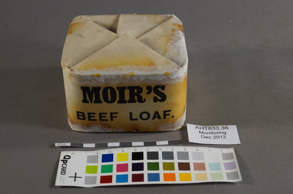 2012-13 Shackleton's 'Nimrod' hut artefact monitoring - Moir's Beef Loaf tin (004)
