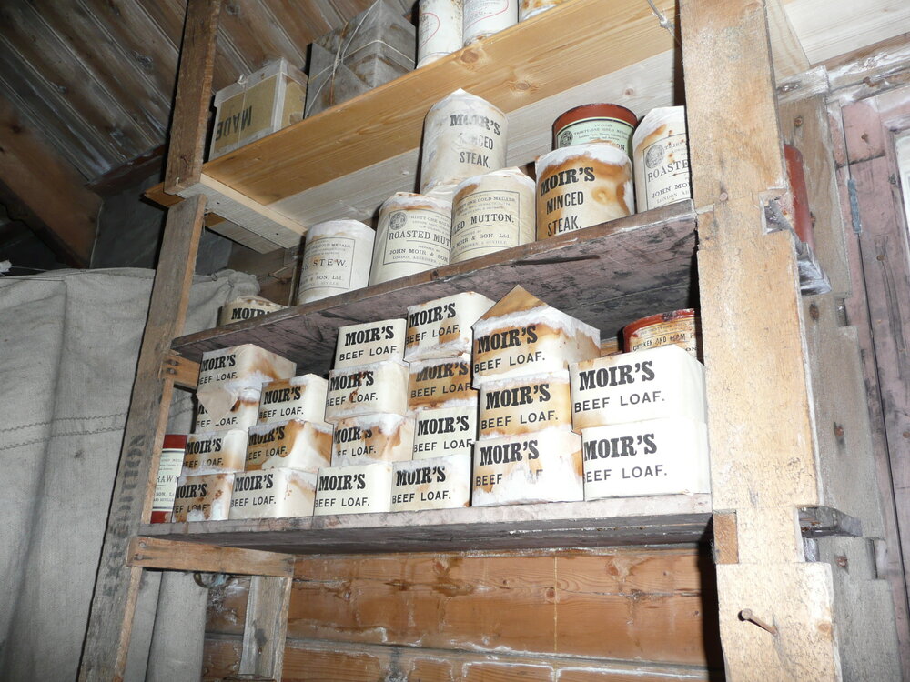 Moir's meat provisions on shelf in Shackleton's 'Nimrod' Hut