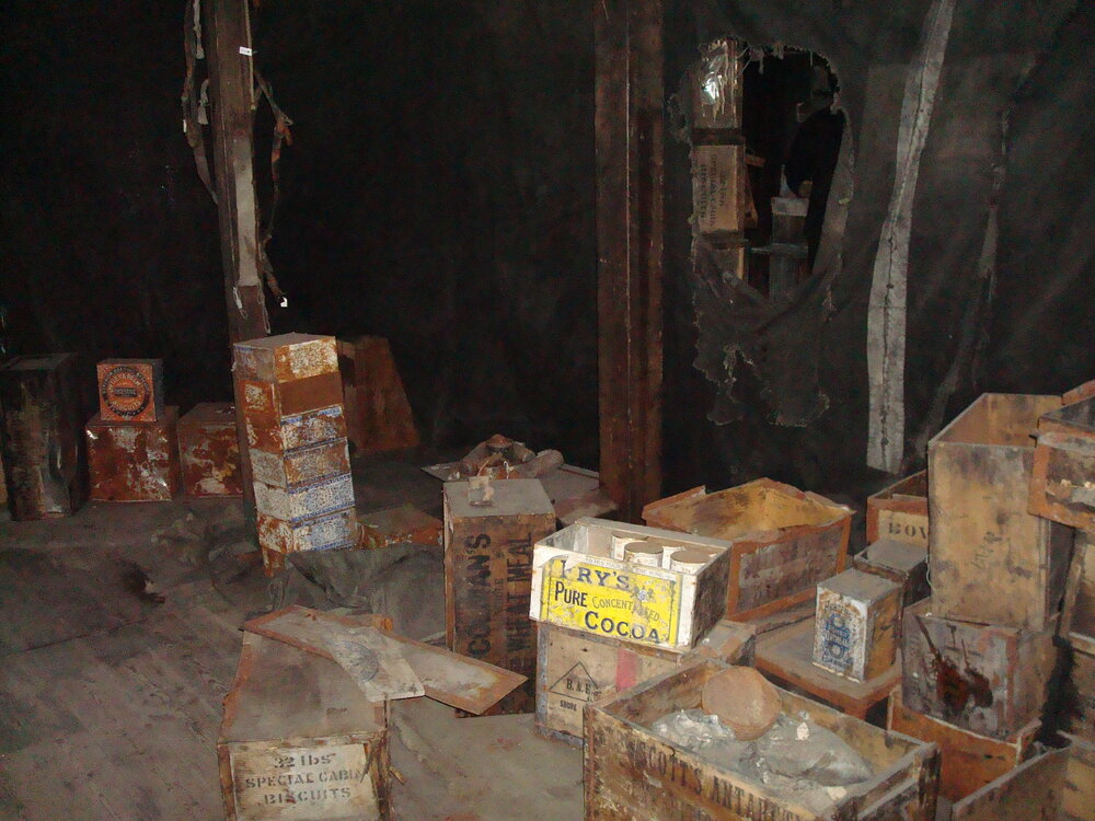 Various provision boxes, tins and Venesta cases, Scott's 'Discovery' Hut