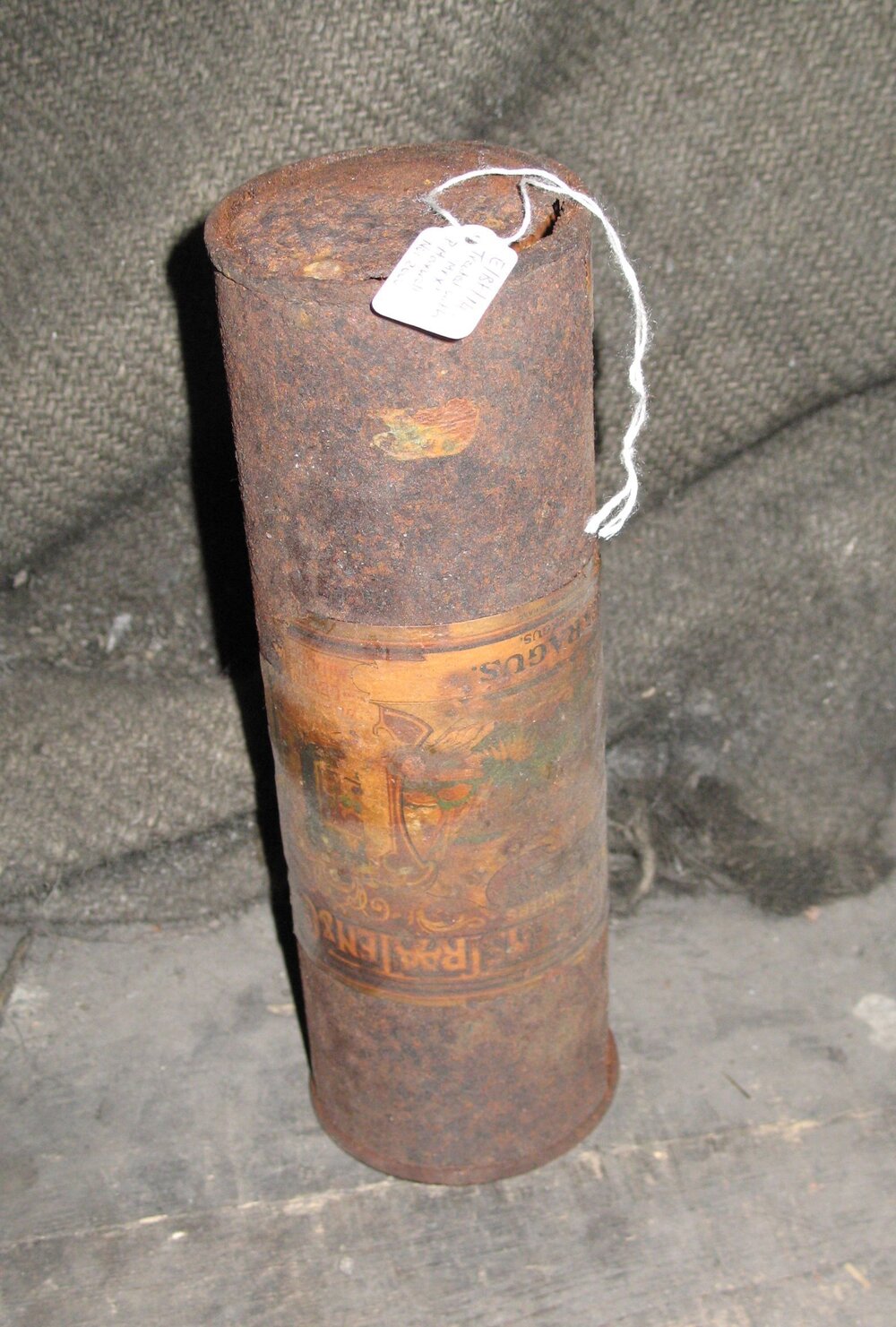 Corroded tin of asparagus with coating applied, Scott's 'Discovery' Hut