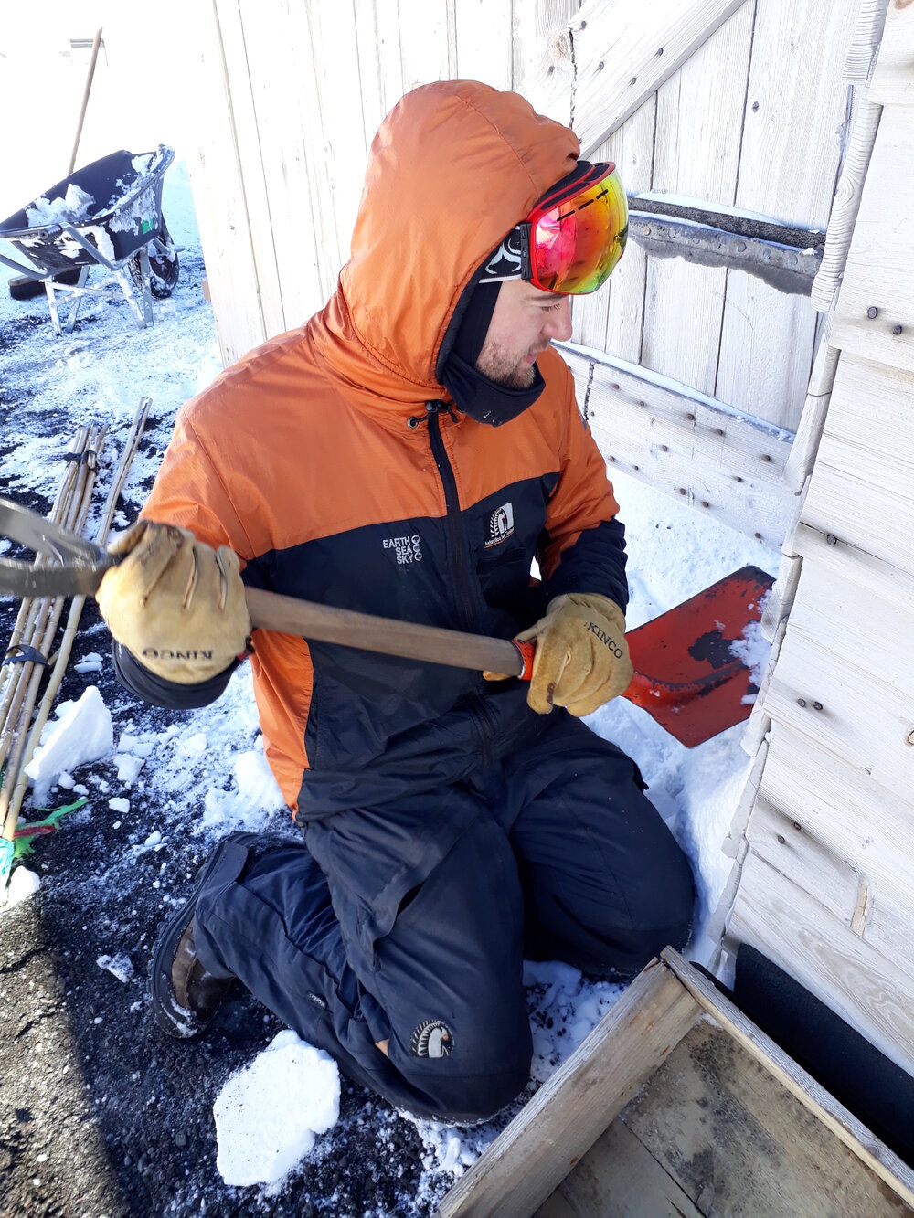 2017-18 Scott's 'Terra Nova' hut, conservators at work, Antarctic Youth Ambassador Chris Ansin