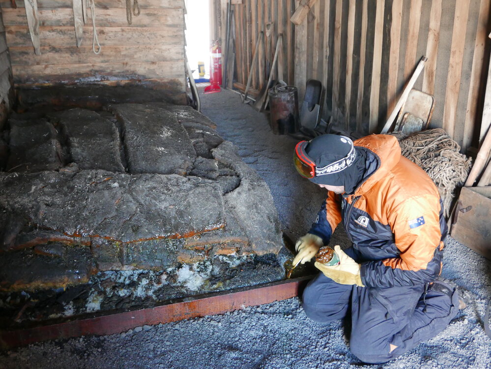 2017-18 Scott's 'Terra Nova' hut, conservators at work, Antarctic Youth Ambassador Chris Ansin
