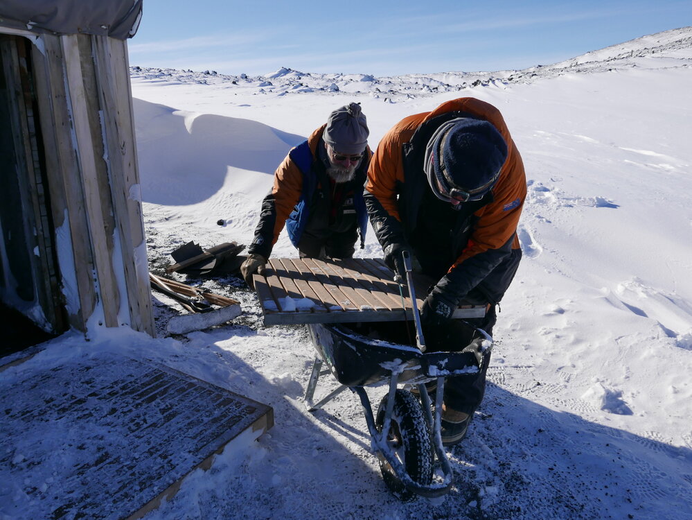 2017-18 Scott's 'Terra Nova' hut, conservators at work, Al Fastier and Geoff Cooper