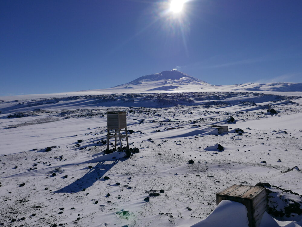 2017-18 Cape Evans meteorological screen and Mount Erebus