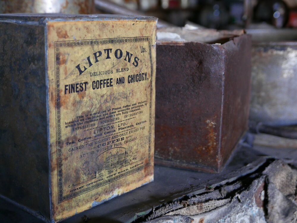 2017-18 Scott's 'Terra Nova' hut, interior, Lipton's coffee tin