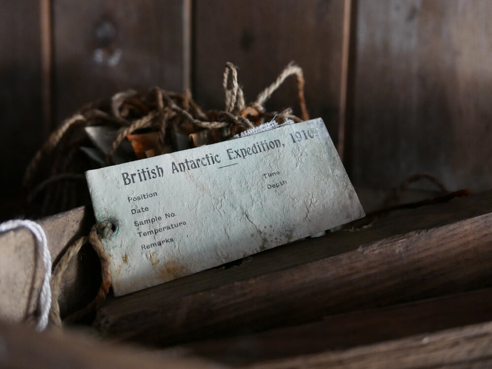 2017-18 Scott's 'Terra Nova' hut, interior, British Antarctic Expedition tag