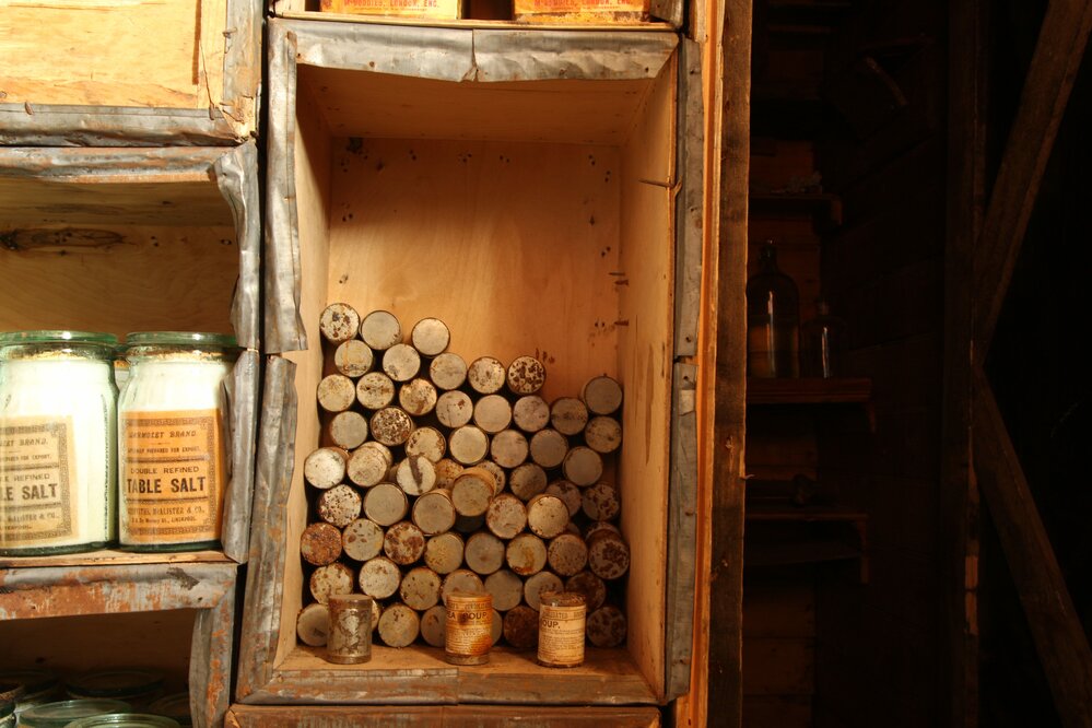 2017-18 Shackleton's 'Nimrod' hut, interior, food tins