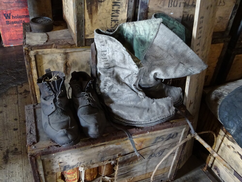 2017-18 Shackleton's 'Nimrod' hut, interior, pairs of boots