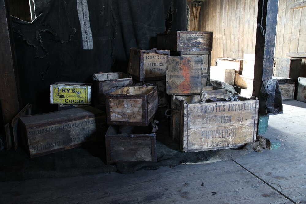 2017-18 Scott's 'Discovery' hut, interior, Men's Room stores boxes