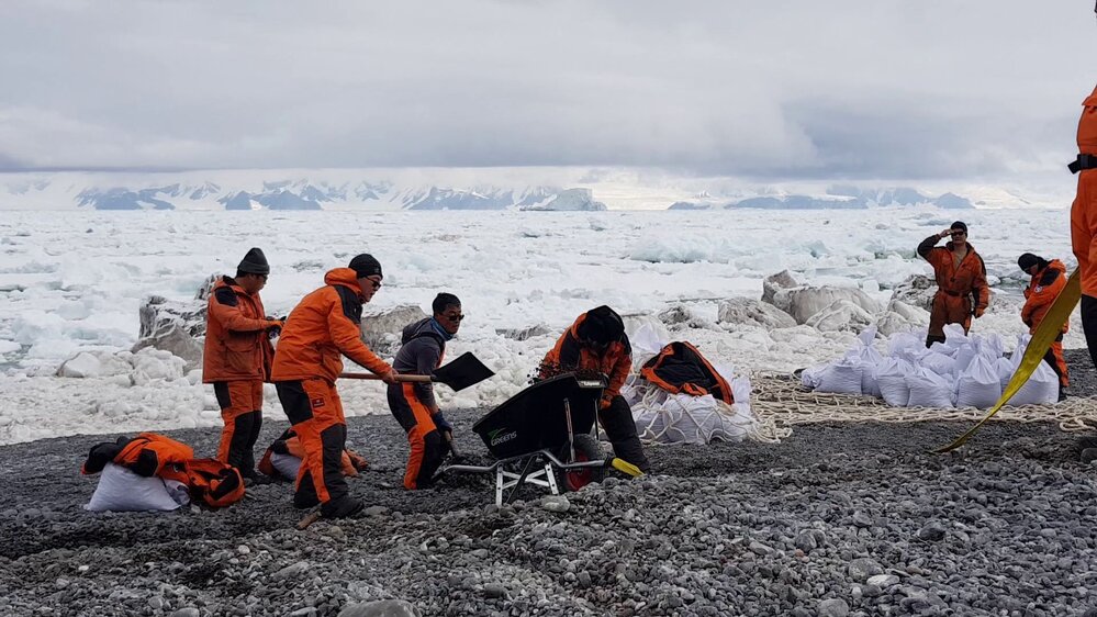 2017-18 Cape Adare camp, gravel collection for sub frame anchoring trays