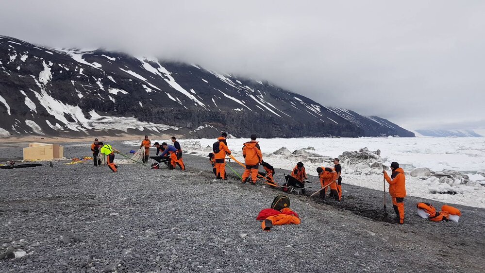 2017-18 Cape Adare camp, gravel collection for sub frame anchoring trays