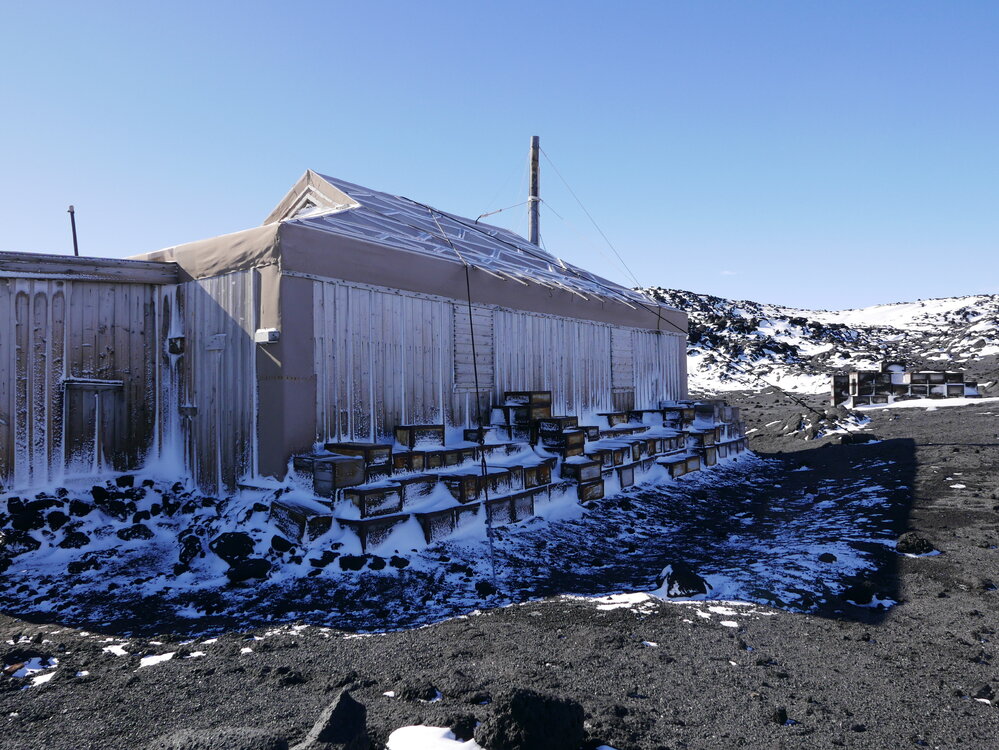 2017-18 Shackleton's 'Nimrod' hut, exterior, Venesta cases along South elevation