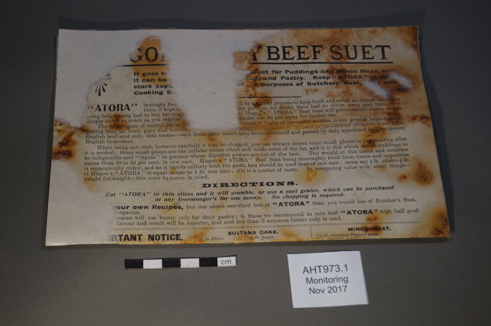 2017-18 Annual artefact monitoring programme, Cape Royds, "Atora" recipe sheet (001)