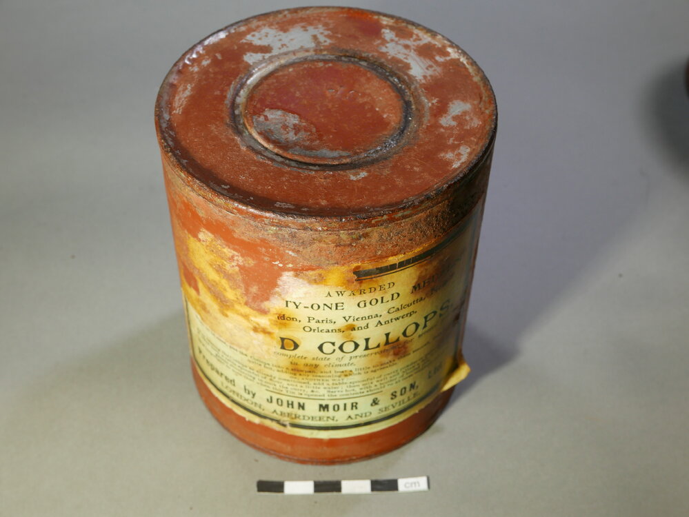 2017-18 Annual artefact monitoring programme, Cape Royds, Minced Collops tin (012)