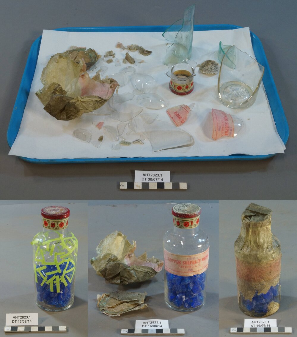 Glass bottle of copper sulphate crystals