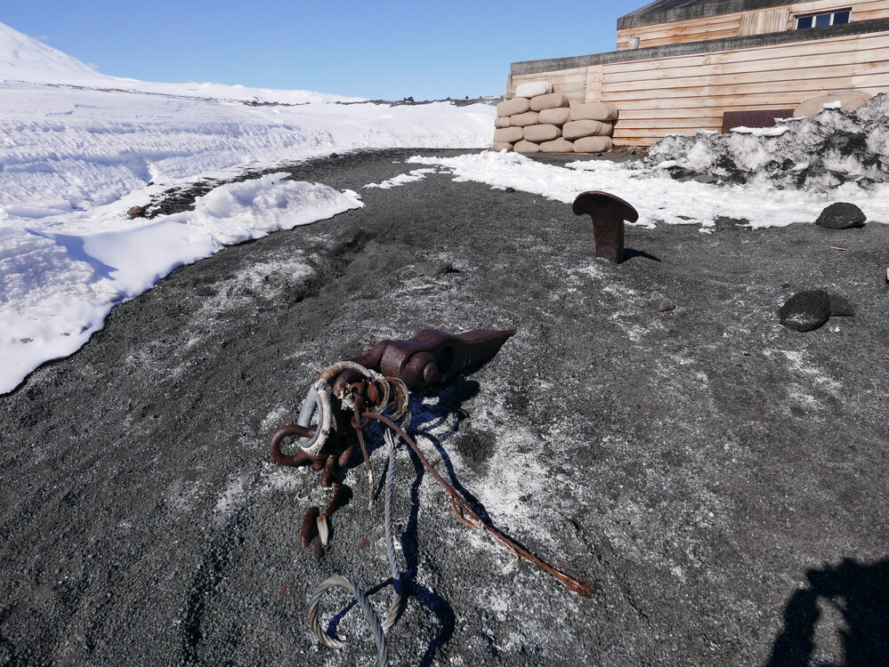 2018-19 Aurora anchor outside Scott's 'Terra Nova' hut, Cape Evans