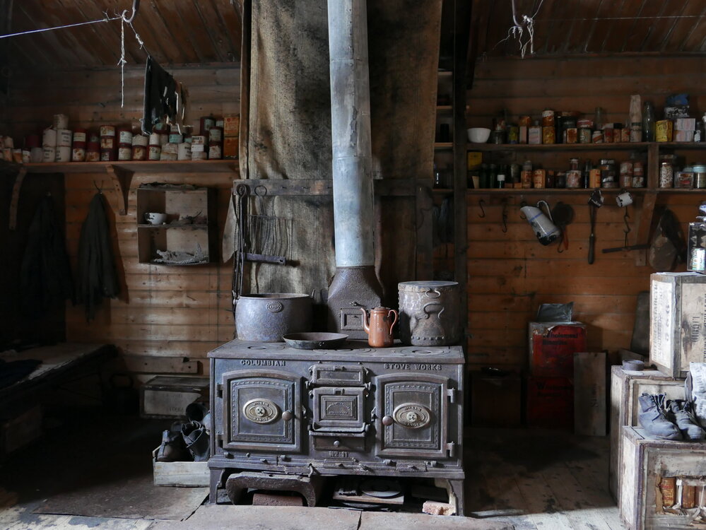 2018-19 Mrs Sam stove inside Shackleton's 'Nimrod' hut, Cape Royds
