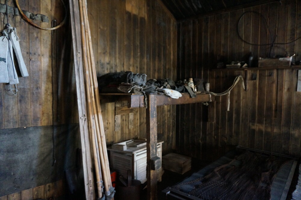 2018-19 Bamboo tent poles n the Mess Deck, Scott's 'Terra Nova' hut, Cape Evans