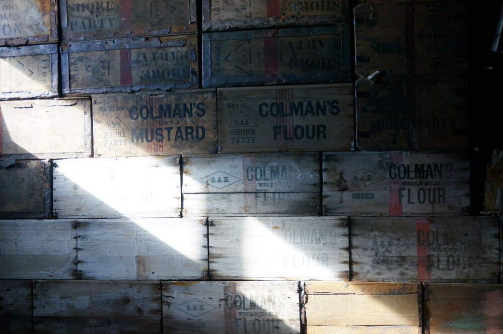 2018-19 Colman's bulkhead boxes inside Scott's 'Terra Nova' hut, Cape Evans (001)