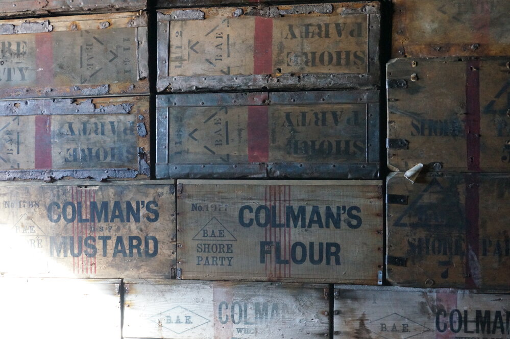 2018-19 Colman's bulkhead boxes inside Scott's 'Terra Nova' hut, Cape Evans (002)