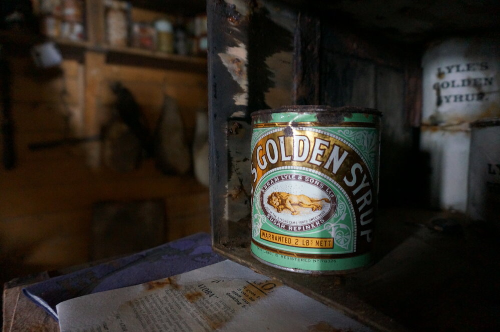 2018-19 Lyle's golden syrup inside Shackleton's 'Nimrod' hut, Cape Royds