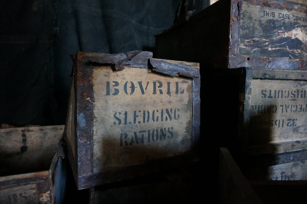 2018-19 Bovril sledging rations case inside Scott's 'Discovery' hut, Hut Point