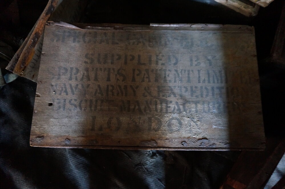 2018-19 Cabin biscuits box side inside Scott's 'Discovery' hut, Hut Point